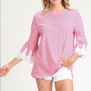 Fuchsia & White Striped Top Crochet Ruffle Sleeves